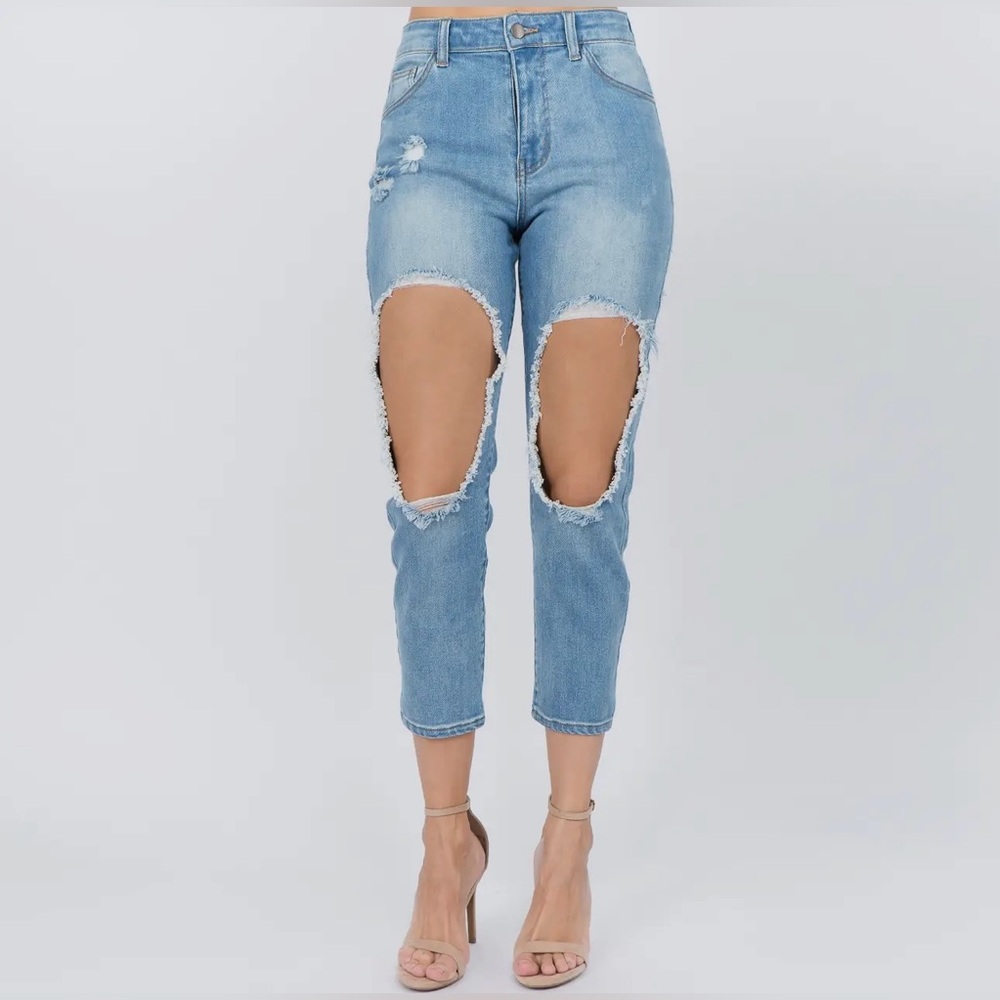 American Bazi Light Blue Distressed Cropped Jeans